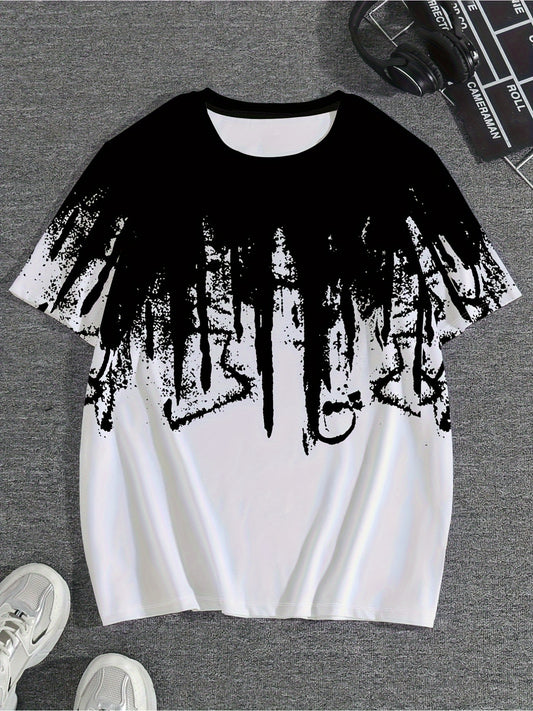 Men'S Casual Summer 3D Printed T-Shirt, Gradient Black and White Design, Short Sleeve, Crew Neck, Lightweight Polyester, Machine Washable, Urban Street Style, Summer Casual | Casual Crew Neck | Smooth Fabric