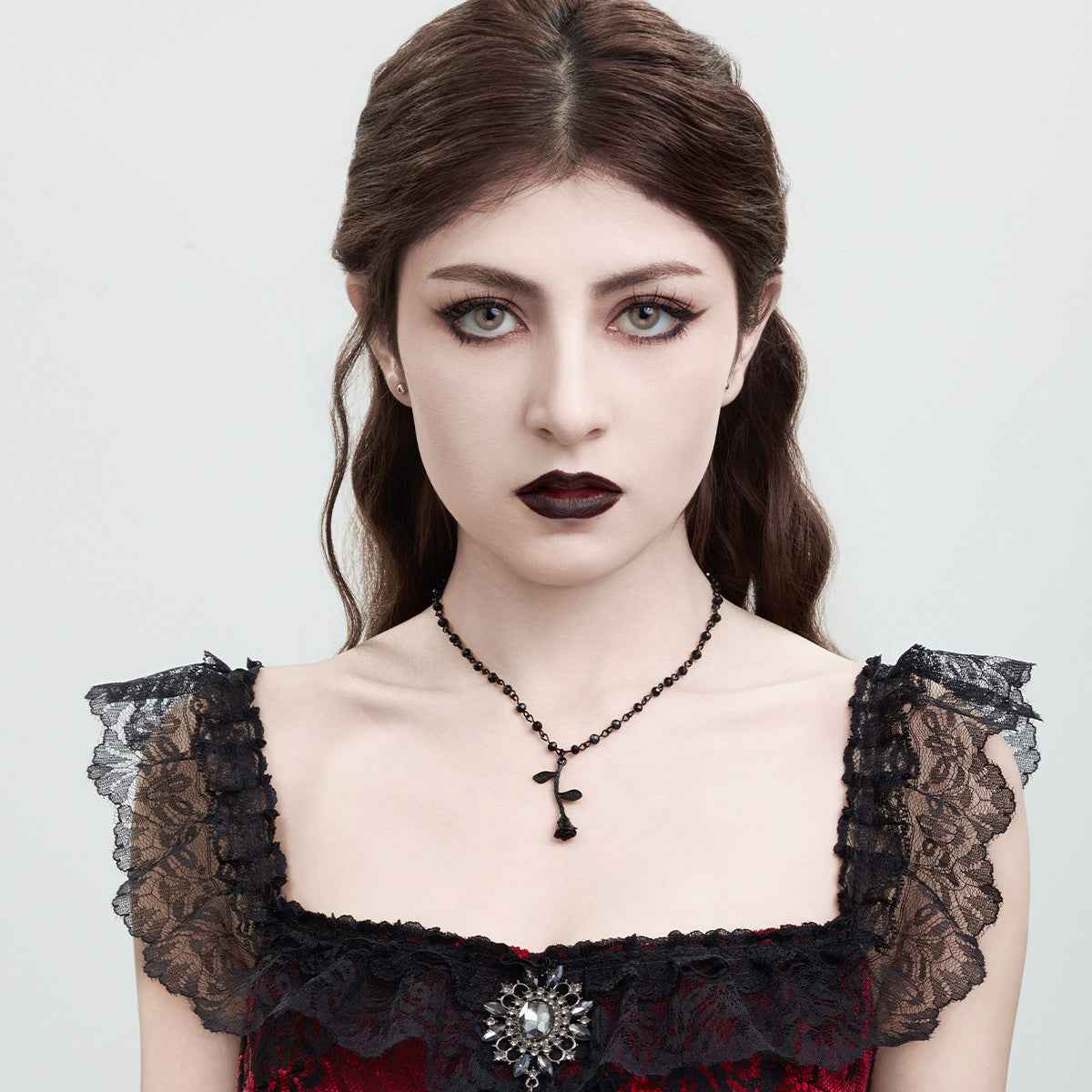 Fashionable rose bead necklace with dark crystal beads and collarbone chain - Pedlar's Attic