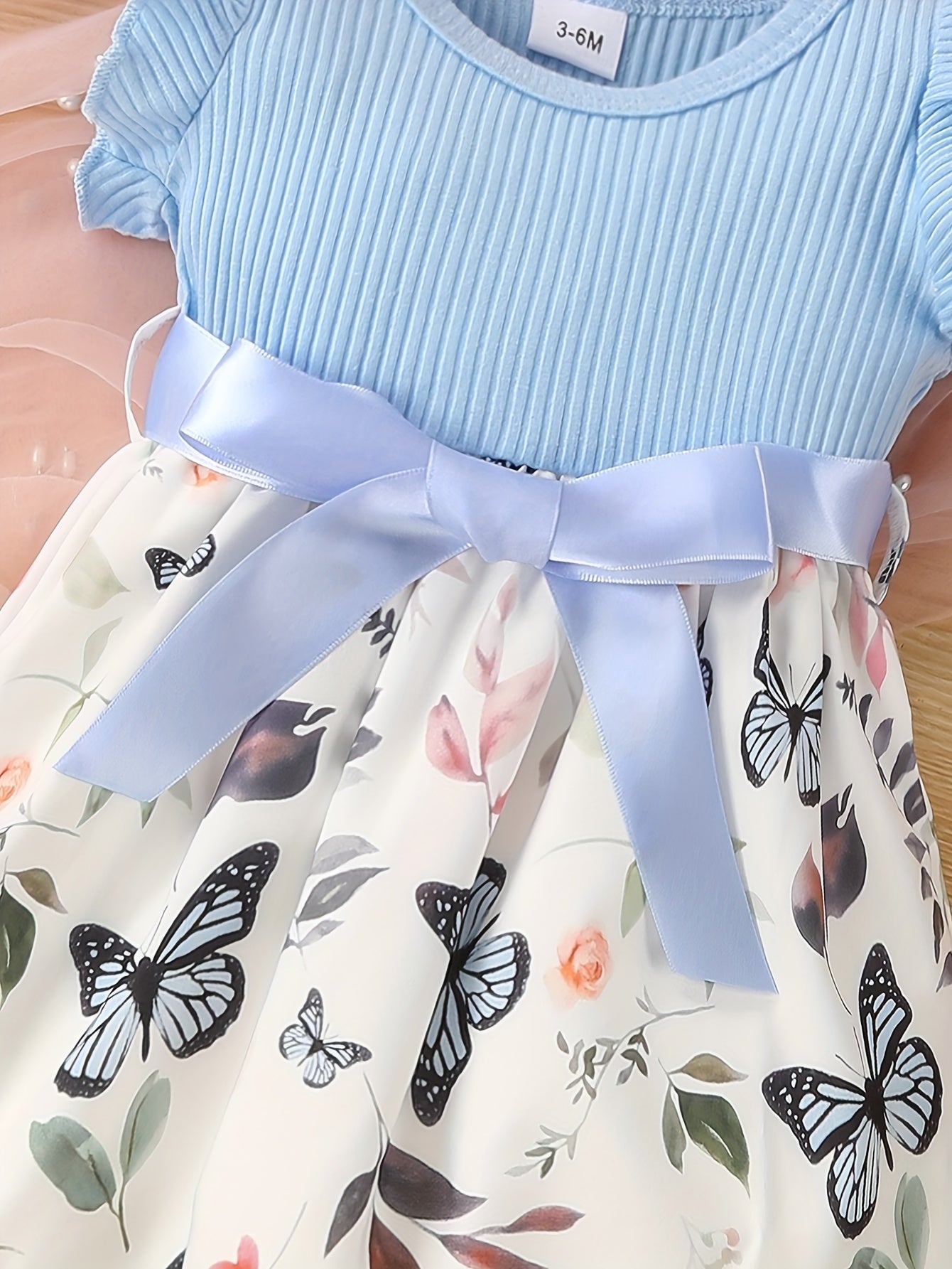 Baby Girls Cute Butterfly Graphic Print Ruffled Sleeve Belted Dress, Kids Summer Comfortable Clothes