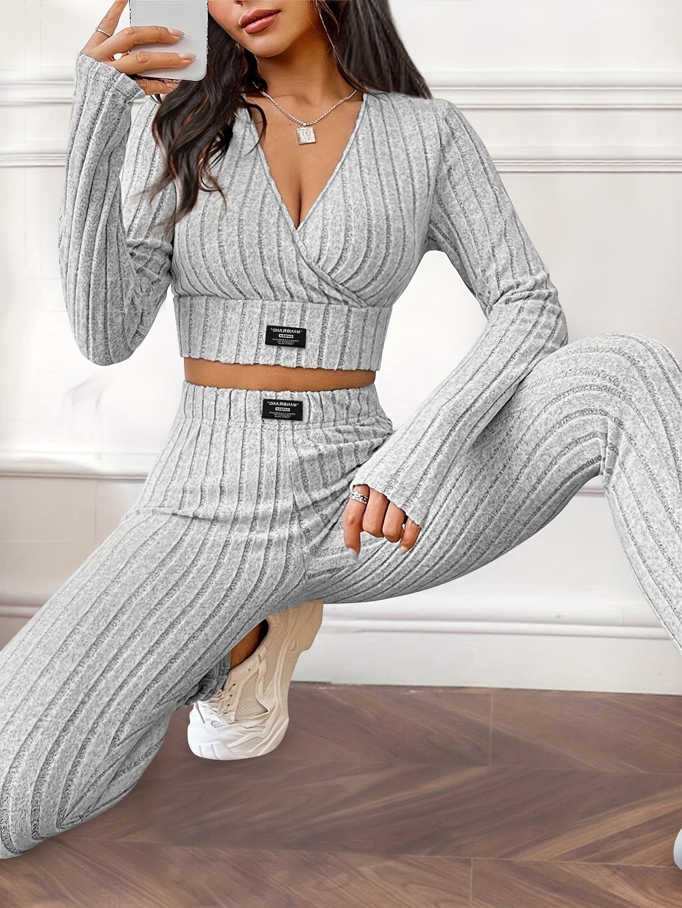 Flattering Ribbed Two-piece Outfit Set - V-Neck Long Sleeve Crop Top & Pants - Casual Chic Style for Women