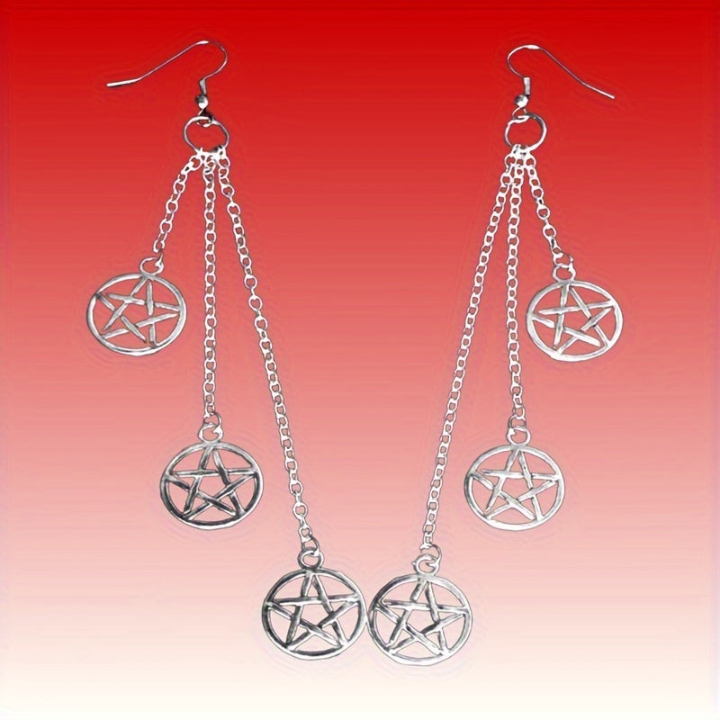 1pair Retro Gothic Pentagram Chain Dangle Earrings