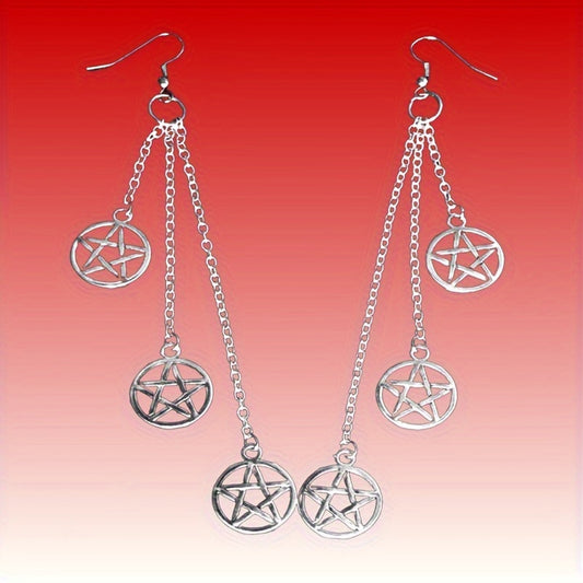 1pair Retro Gothic Pentagram Chain Dangle Earrings