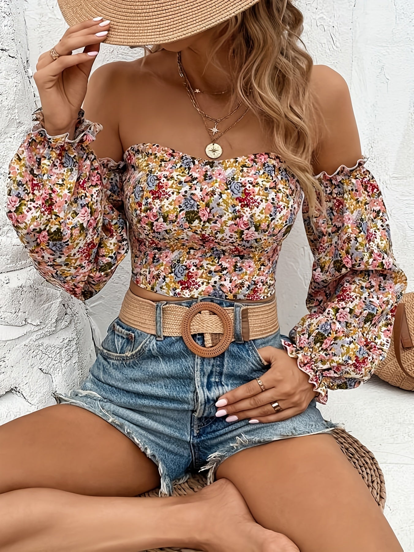 [Popular Choice] Chic Floral Off-Shoulder Lantern Sleeve Crop Top - Sexy Sweetheart Neckline, Polyester & Spandex Blend, Machine Washable - Perfect for Spring/Fall Fashion, Lantern Sleeve, Crop Top, Sexy Style, Spring/Autumn