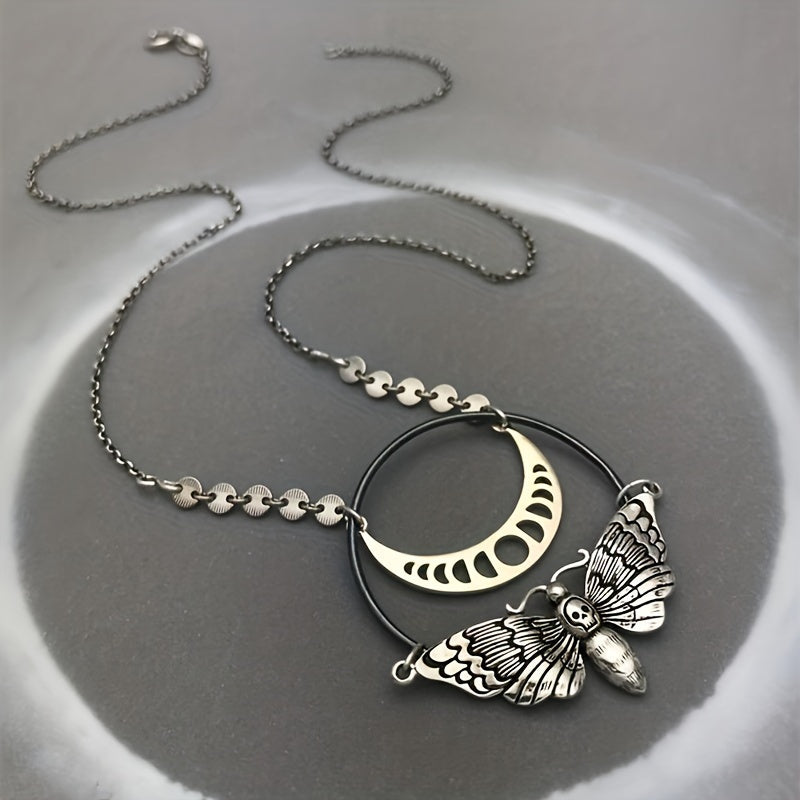 Lunar Moth Pendant Necklace, Vintage Style, Celestial Phases Charm with Metal Chain, Bohemian Gothic Jewelry for Women and Men