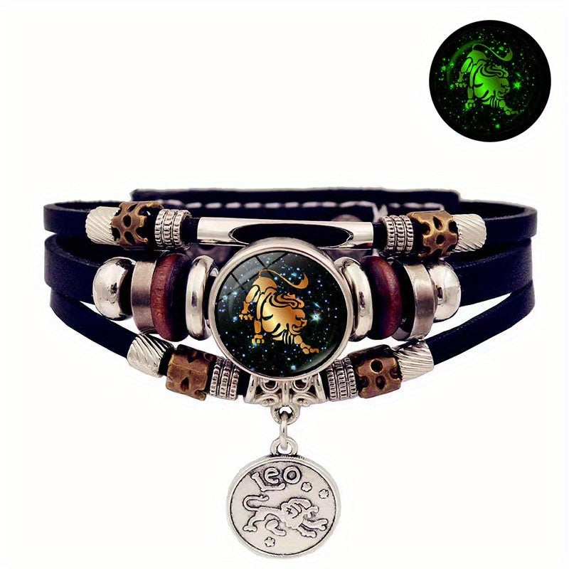 1pc 12 Zodiac Luminous Leather Bracelet Men Women Handmade Multilayer Beaded Bracelet Creative Hand Jewelry Bracelet Party Birthday Favors
