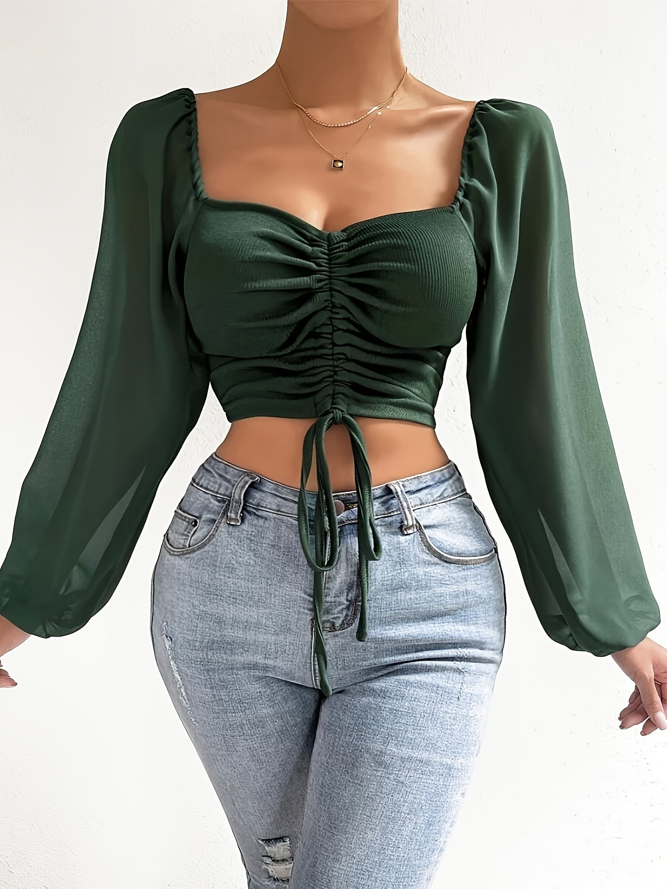 Drawstring Sweetheart Neck Crop Top, Casual Illusion Lantern Sleeve Top For Spring & Fall, Women's Clothing