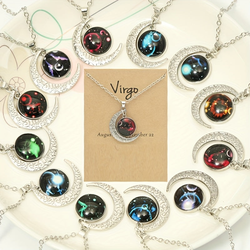 1pc Retro Glow-in-the-Dark Zodiac Moon Pendant Necklace - Vintage Style, Zinc Alloy with Glass Accents, Adjustable Chain for Women - Ideal for Daily Wear & Gifting, Zodiac Jewelry, Gift Jewelry, Vintage Jewelry, Durable Jewel