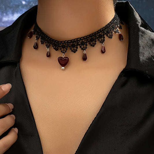 Bohemian Lace Choker Necklace With Vintage Heart Pendant, Gothic Black Cord Fashion Collar Jewelry, Adjustable Clasp, Versatile For Casual And Party Wear