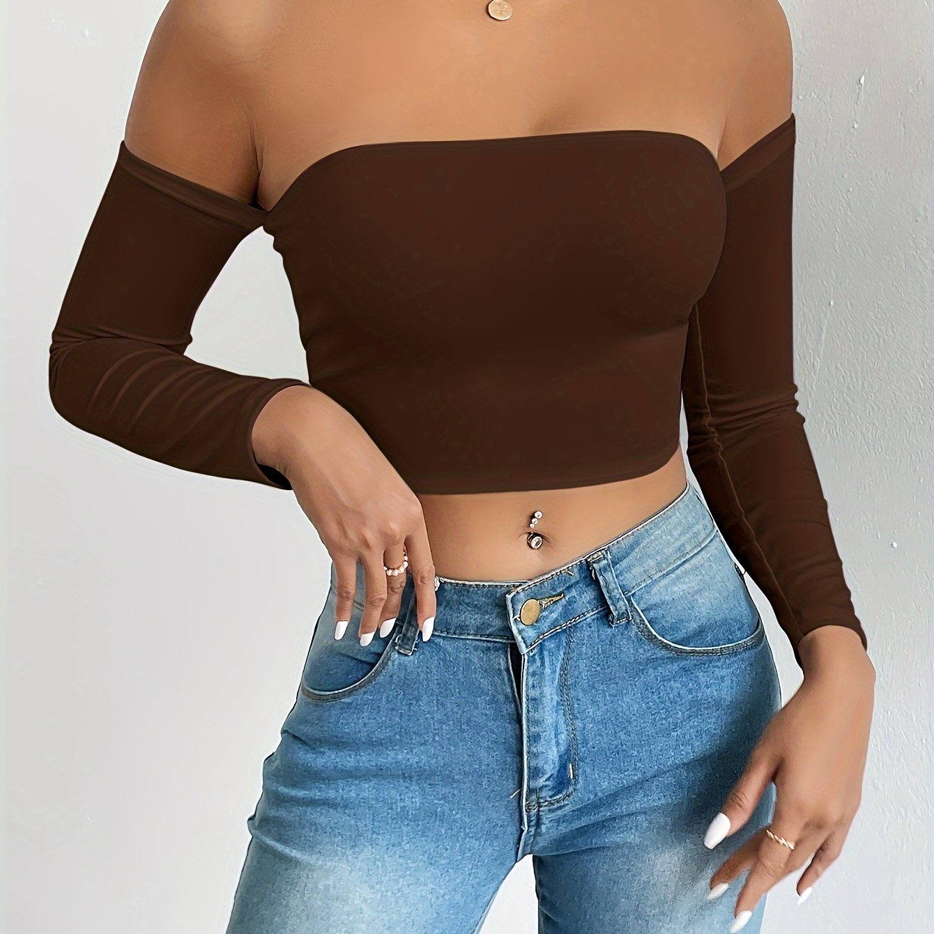 Solid Color Off-shoulder Crop Top, Sexy Long Sleeve Slim Top, Women's Clothing