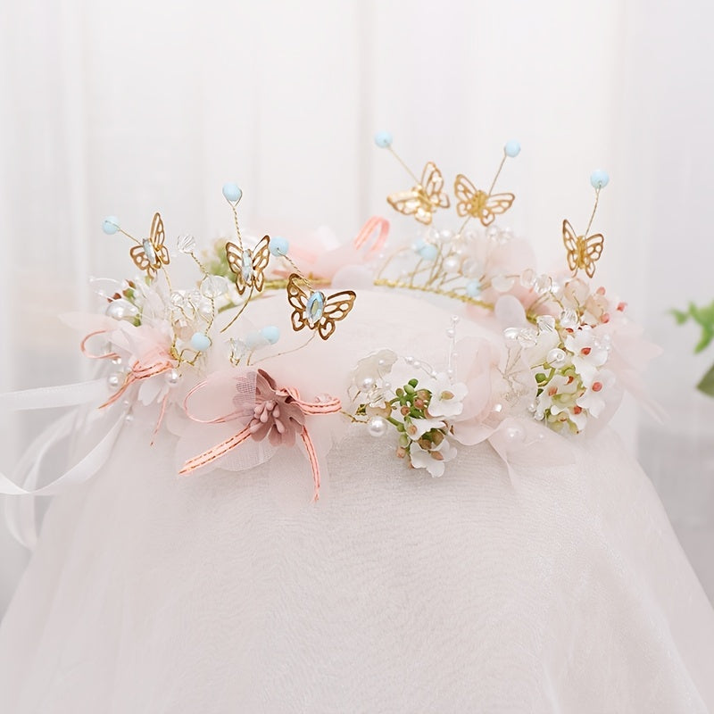 Delicate Butterfly Flower Headband - Handmade Floral Wreath Crown for Flower Girl, Bridal Hair Accessories, Wedding Party Supplies, Soft Fabric, Adjustable One-Size-Fits-All Design