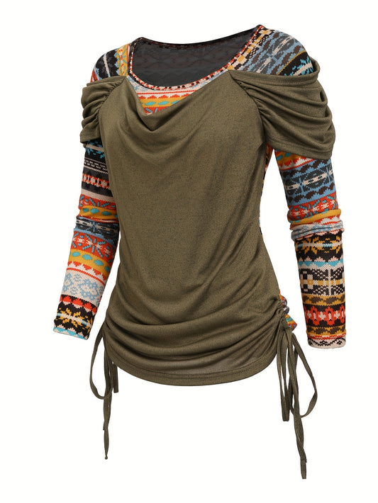 Long Sleeve Ethnic Pattern 1pc Y2K Style Women's T-Shirt, Textured Cross-Section Design with Faux Button Detail, Knit Polyester Top for All-Season Fashion