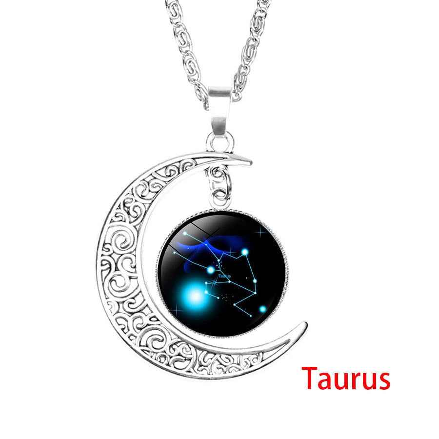 12 Zodiac Sign Pendant Necklace Glass Cabochon Double Galaxy Constellation Horoscope Astrology Necklace For Women Men Jewelry - Pedlar's Attic