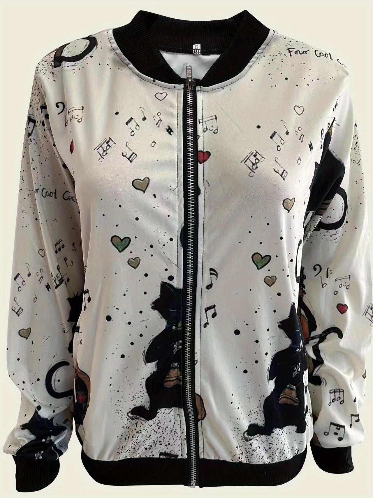 Graphic Print Zipper Jacket, Casual Baseball Neck Long Sleeve Outerwear, Women's Clothing