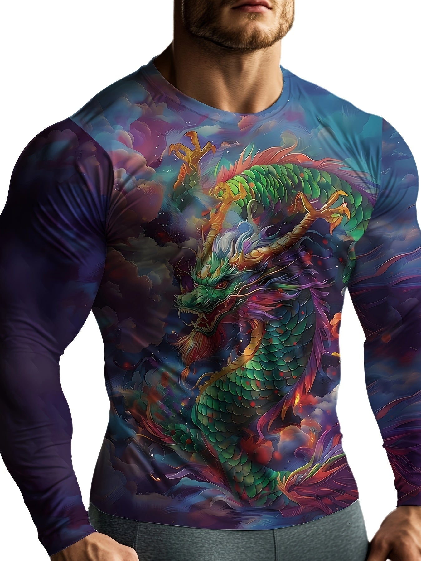 Men'S Long Sleeve Crew Neck T-Shirt, Casual Polyester Knit Fabric with Slight Stretch, All Over 3D Dragon Print, for Spring/Fall