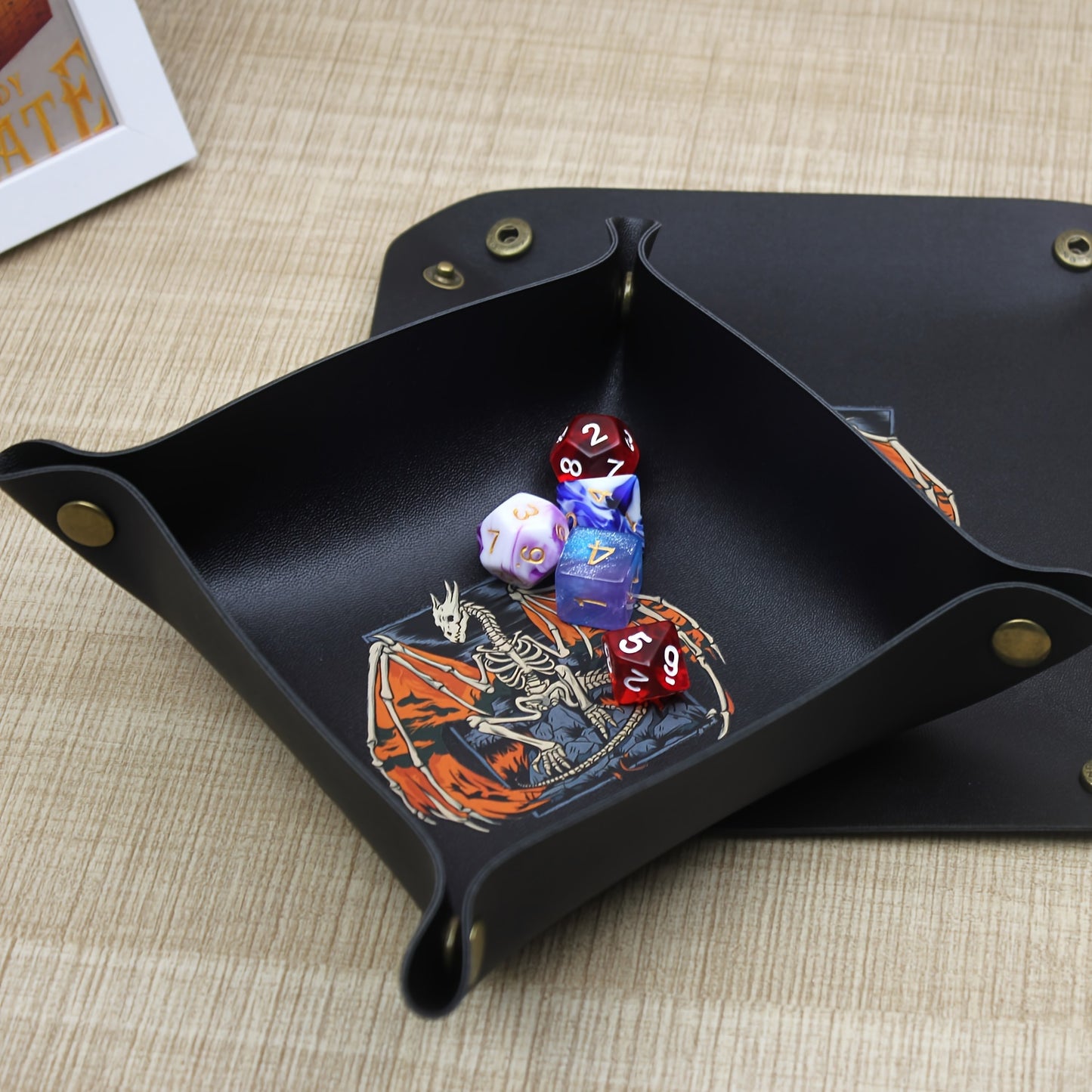 Unique Skeleton Dragon Design Black PU Leather Dice Tray - Durable Creative Gaming Accessory and Tabletop Organizer for Role-Playing Games