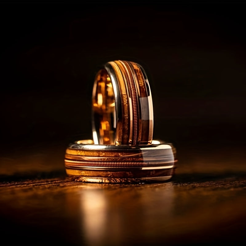 1pc Men's Fashion Guitar String & Whiskey Barrel Shaped Mens Wedding Rose Golden Band, Engagement Anniversary Gift, Titanium Steel Promise Ring For Husband Gift