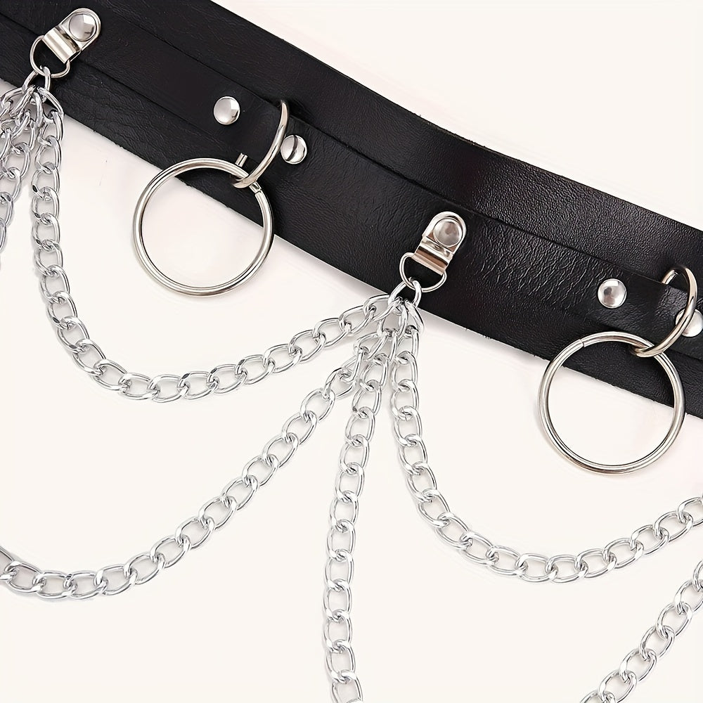 1pc Black PU Leather Chain Ring Decor Gothic Restraints Waist Belt, Punk Adjustable Nightclub Accessories Belt, Sexy Lingerie & Erotic Accessories