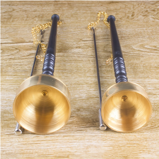 Tibetan Hand Bell with Wooden Handle, Brass Singing Bowl, Meditation & Prayer Bell, Religious Mantra Musical Instrument, Copper, Yellow