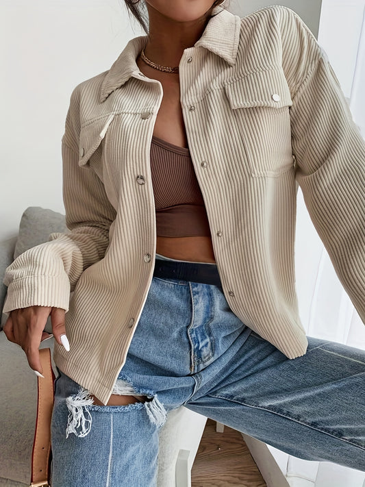 Long Sleeve Corduroy Bomber Jacket - Classic Lapel Collar, Button Front, Single Breasted, Split Sleeve, Regular Fit - Perfect for Weekend Casual, Spring/Fall Season