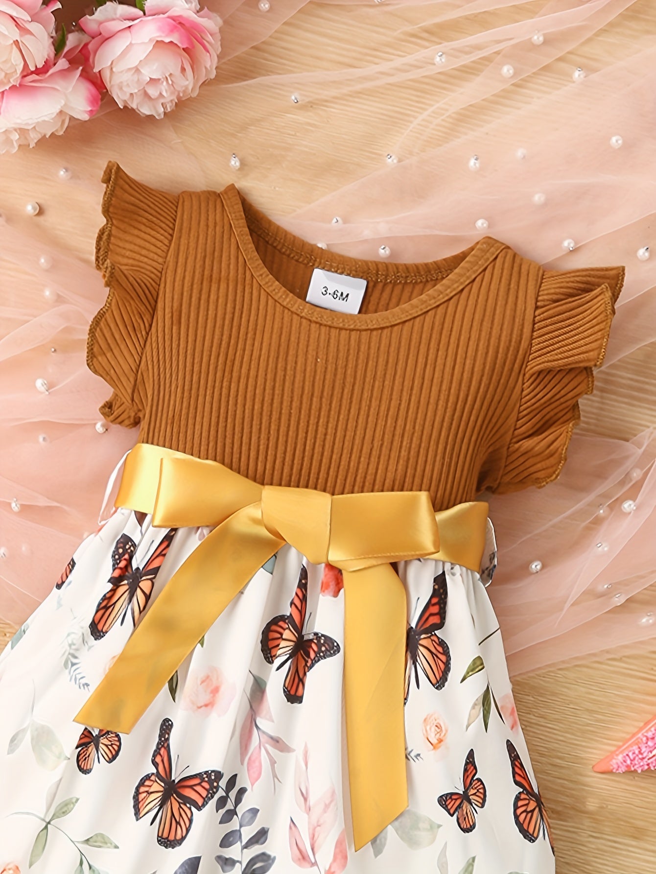 Baby Girls Cute Butterfly Graphic Print Ruffled Sleeve Belted Dress, Kids Summer Comfortable Clothes