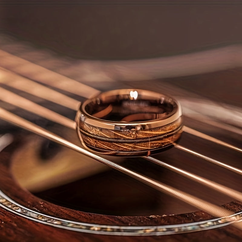 1pc Men's Fashion Guitar String & Whiskey Barrel Shaped Mens Wedding Rose Golden Band, Engagement Anniversary Gift, Titanium Steel Promise Ring For Husband Gift