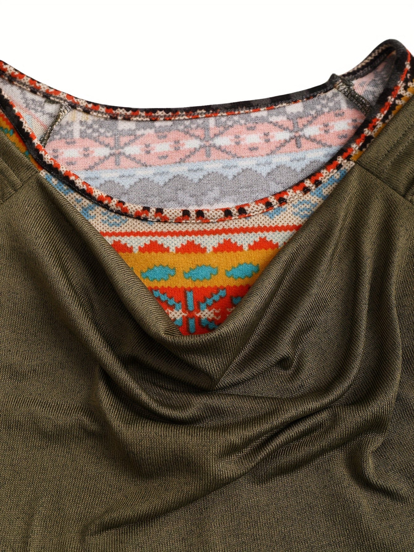 Long Sleeve Ethnic Pattern 1pc Y2K Style Women's T-Shirt, Textured Cross-Section Design with Faux Button Detail, Knit Polyester Top for All-Season Fashion