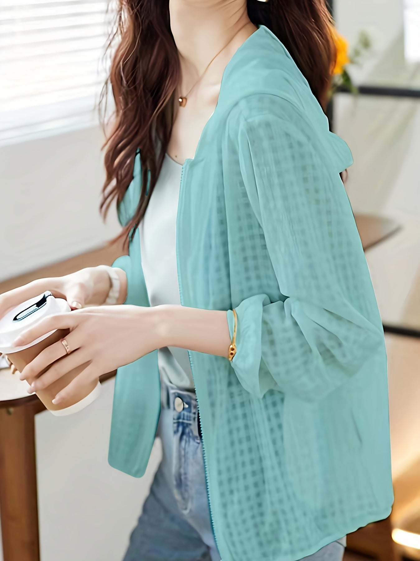 Lightweight Casual Summer Jacket for Women - Easy-Care Polyester, Stylish Solid Color Zip Coat