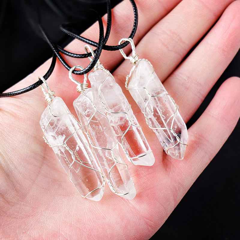 White crystal winding necklace, crystal raw stone, single crystal hexagonal pillar, winding pendant - Pedlar's Attic