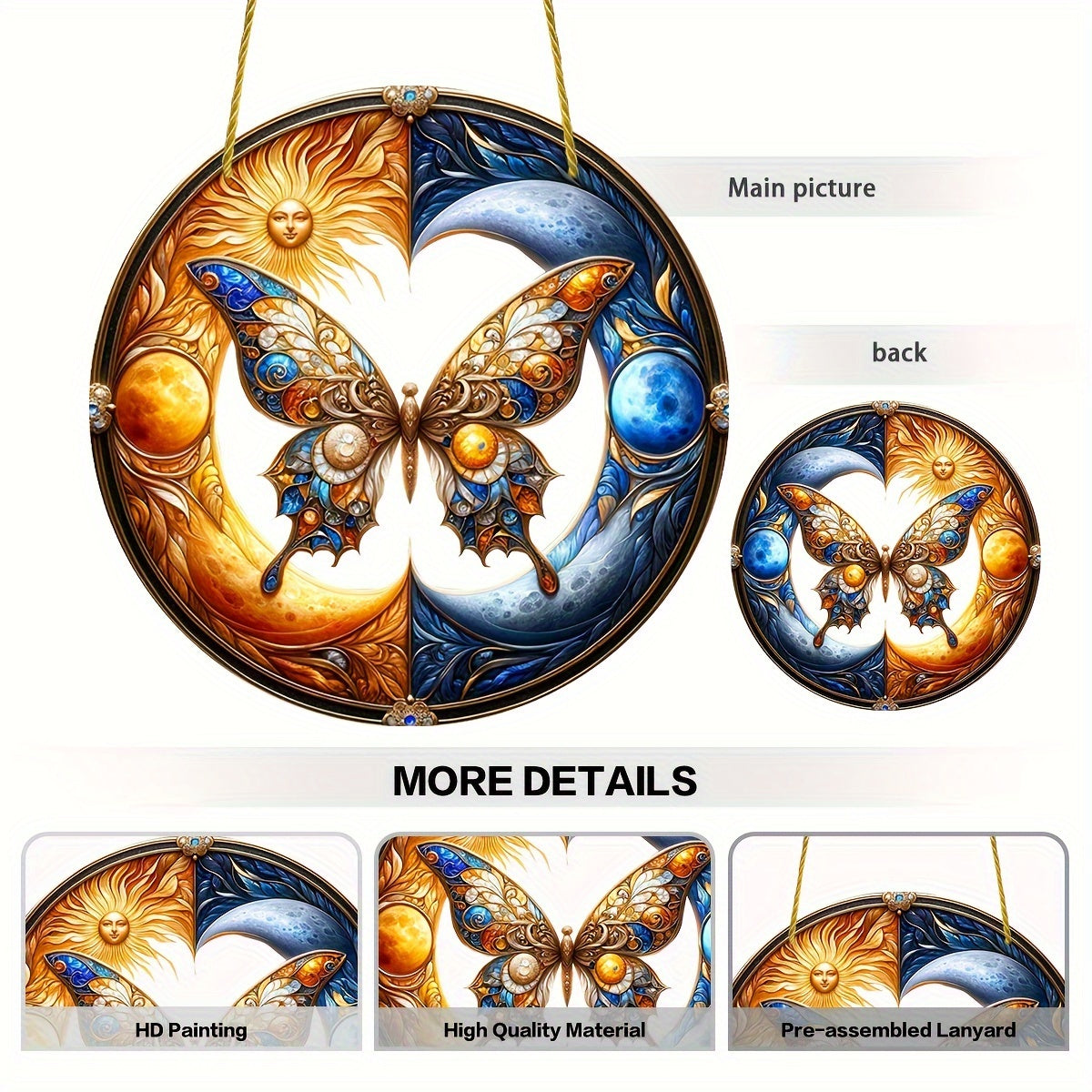 Sun and Moon Butterfly Suncatcher, 8"x8" Yin Yang Acrylic Sun Catcher, Fantasy Gift for Mom, Family, Lover, Friends, Room, Bedroom, Living Room Decor, Suitable for Outdoor Garden Patio