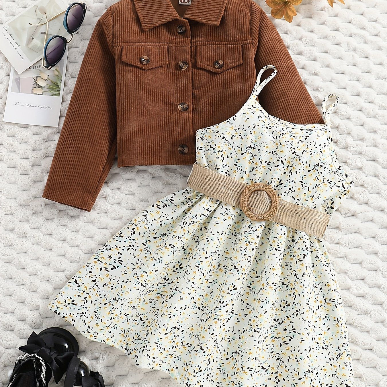Girl's Casual Outfit 2pcs, Corduroy Jacket & Floral Pattern Dress Set, Kid's Clothes For Spring Autumn Summer