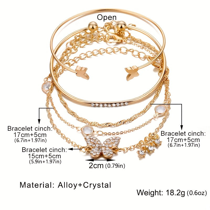 5pcs/Set Exquisite Butterfly-Shaped Rhinestone Cuff Bangle Jewelry for Women - Elegant and Simple Design, Perfect for Daily Wear, Gift-Giving, and Any Occasion - Alloy Material, Rhinestones Mosaic, Other Plating, Suitable for