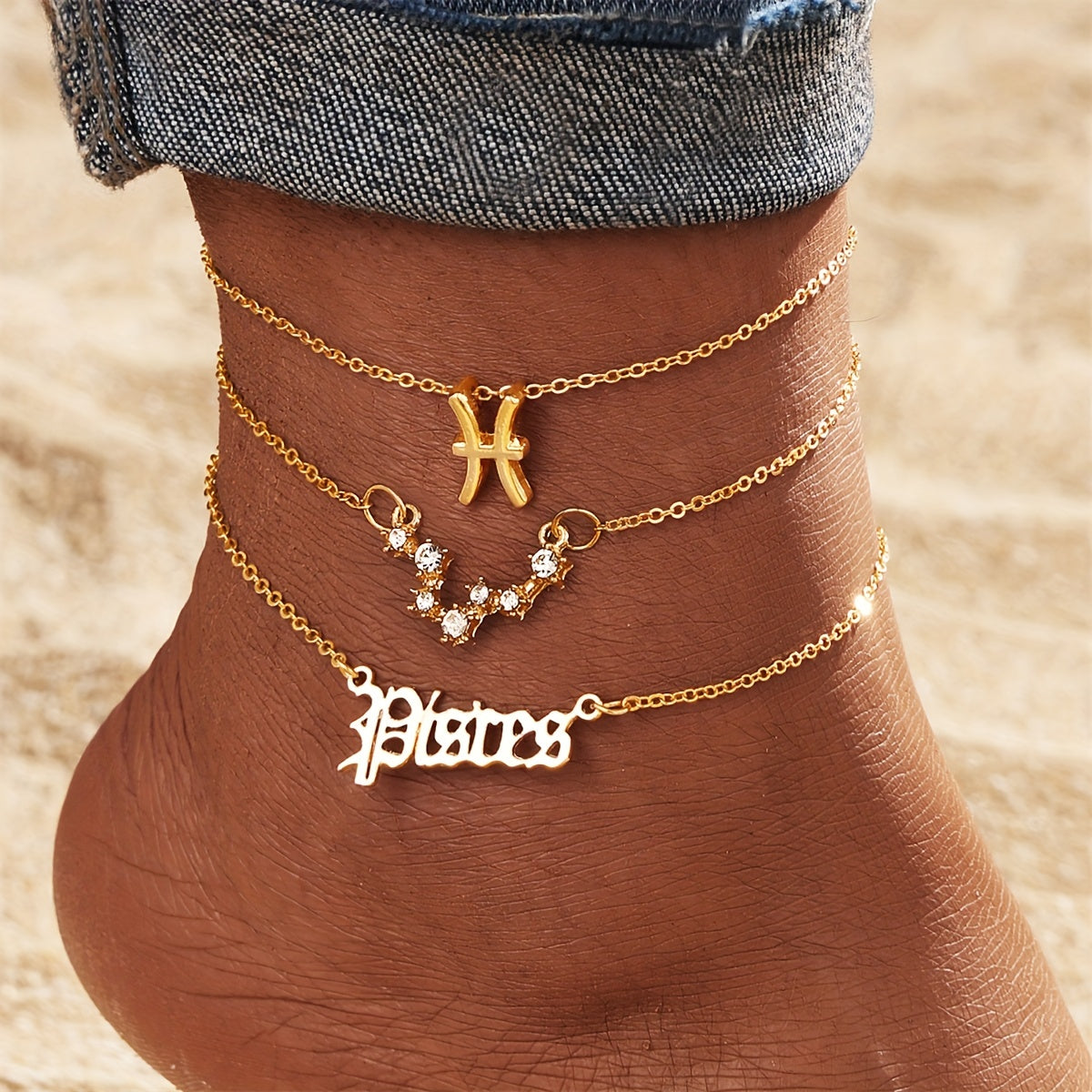 3pcs Set, Women'S Fashion Ankle Bracelets, Zodiac Sign Charm, Alloy with Synthetic Gemstones, Simple Style, All-Season Wear, Jewelry Accessories for Ladies