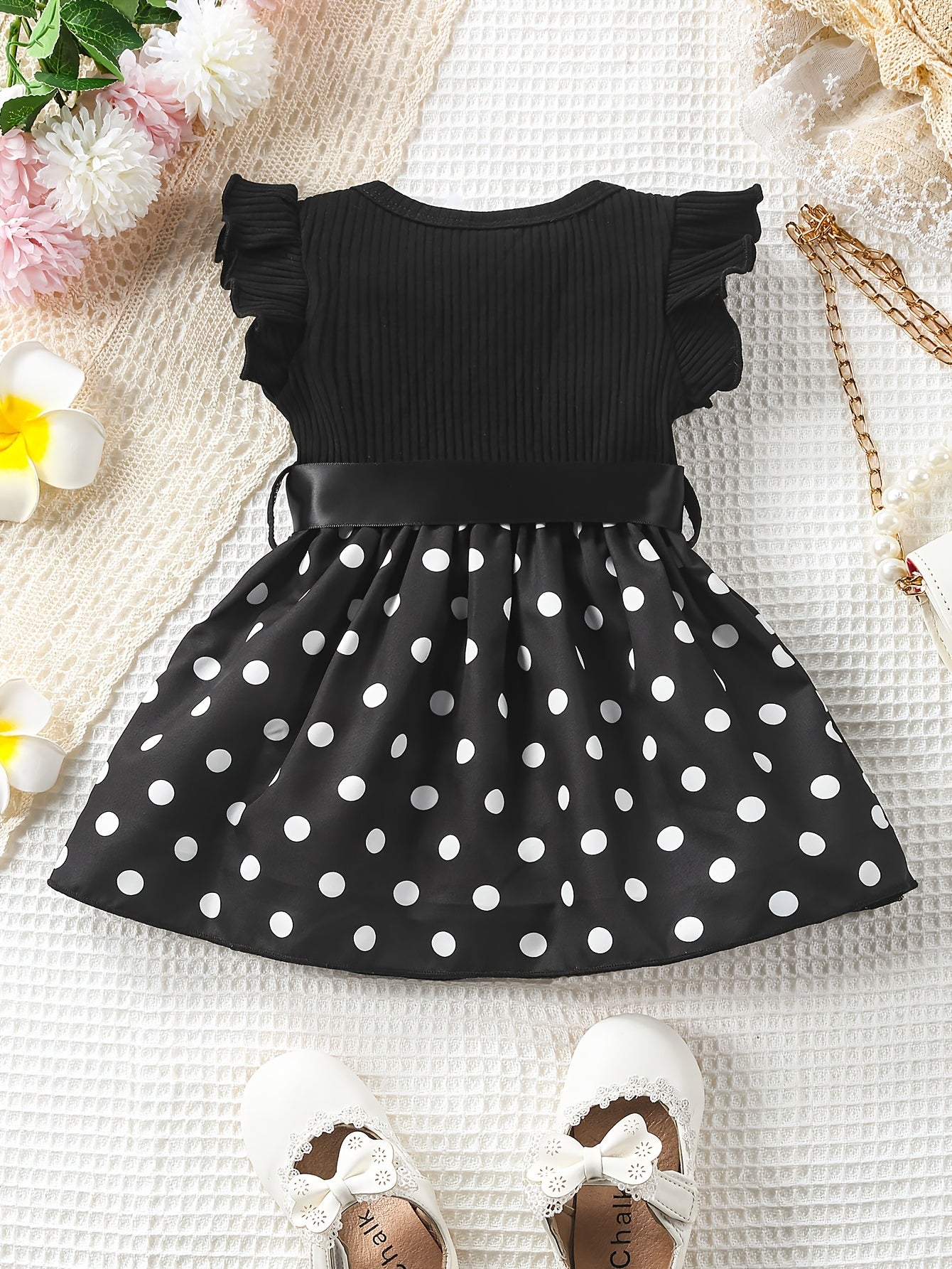 Baby Girls Cute Butterfly Graphic Print Ruffled Sleeve Belted Dress, Kids Summer Comfortable Clothes