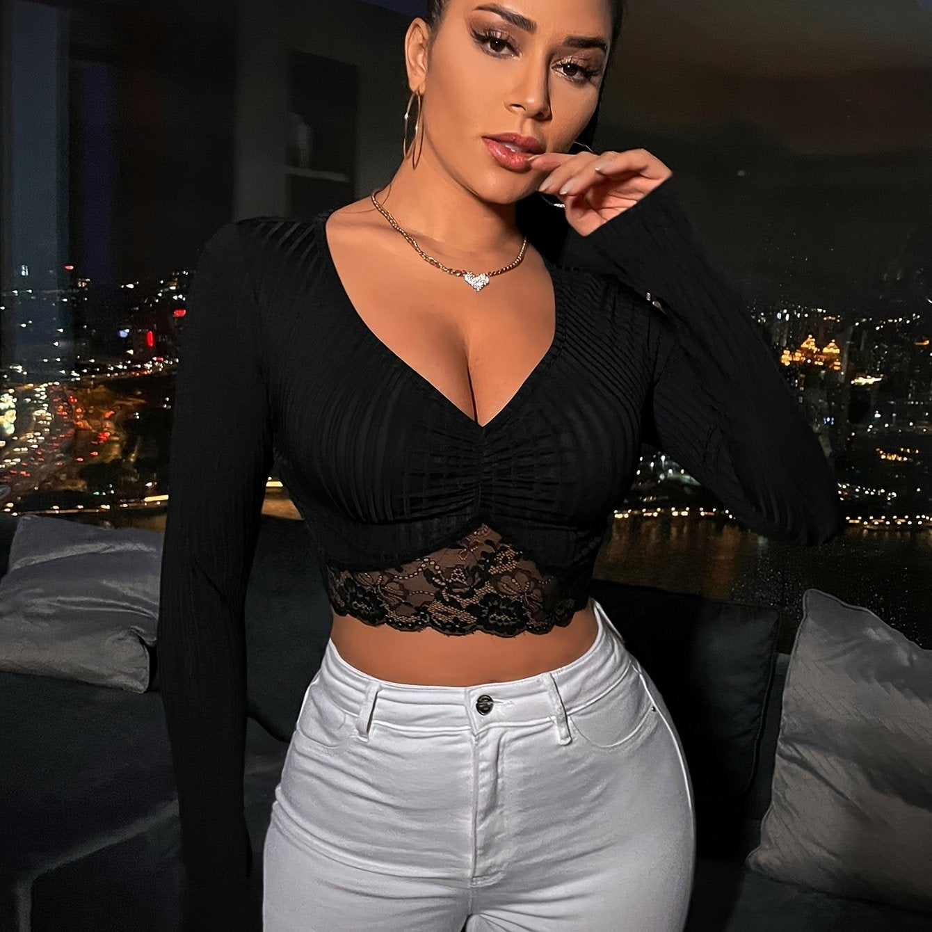 Party Perfect| Elegant Black V-Neck Crop Top T-Shirt with Lace Hem - Long Sleeve, Stretchy Polyester Blend, Perfect for Spring/Summer/Fall Events