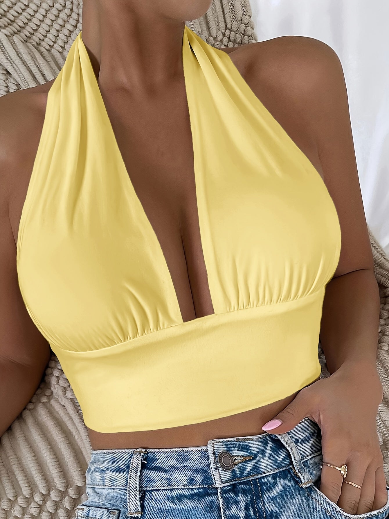 1pc Elegant Orange Halter Neck Backless Crop Top - High Stretch, Deep V-Neckline, Sleeveless Tank for Women, Perfect for Casual or Stylish Outfits, Casual Chic Top | Backless Dress | Stretchy Fabric