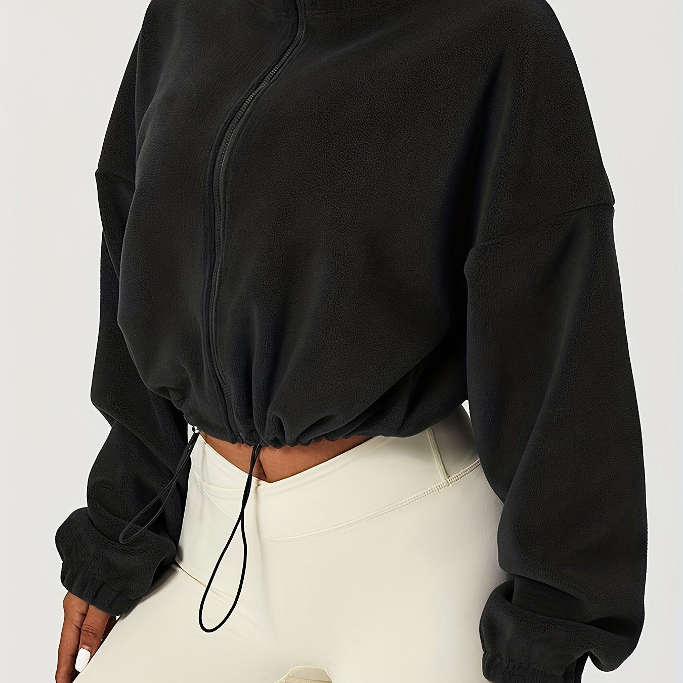 Chic Zip-Up Fleece Crop Jacket for Women - Stretch Comfort, Warm High Neck, Long Sleeve, Perfect for Sporty Outdoor Fall/Winter Activities
