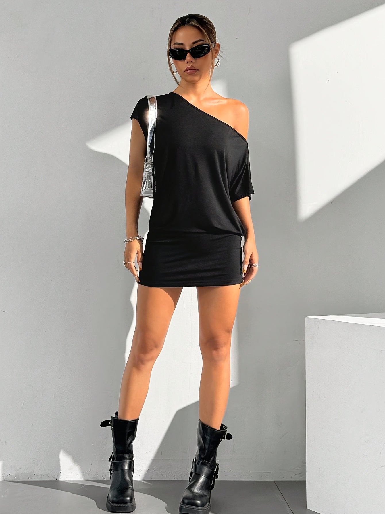 Elegant Black Off-Shoulder - Chic Comfort Women's T-Shirt Dress - Asymmetrical Neck, Short Sleeve, Casual Pencil Skirt Style, Solid Color, Polyester, Machine Washable for Spring/Summer