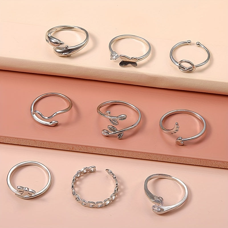 [9 Pieces Adjustable Foot Ring Set] Snake, Butterfly, Dragonfly, Dolphin, Heart, Leaf, Water Drill, Adjustable, Foot Ring, Set, Beach, Foot Ring, 9 Pieces Set