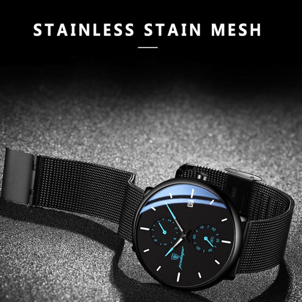 Mens Slim Quartz Watch - Luminous Date Display, Water Resistant, Stainless Steel Mesh Strap, Ideal Gift for Him, Stylish Sport Wristwatch for Everyday Wear