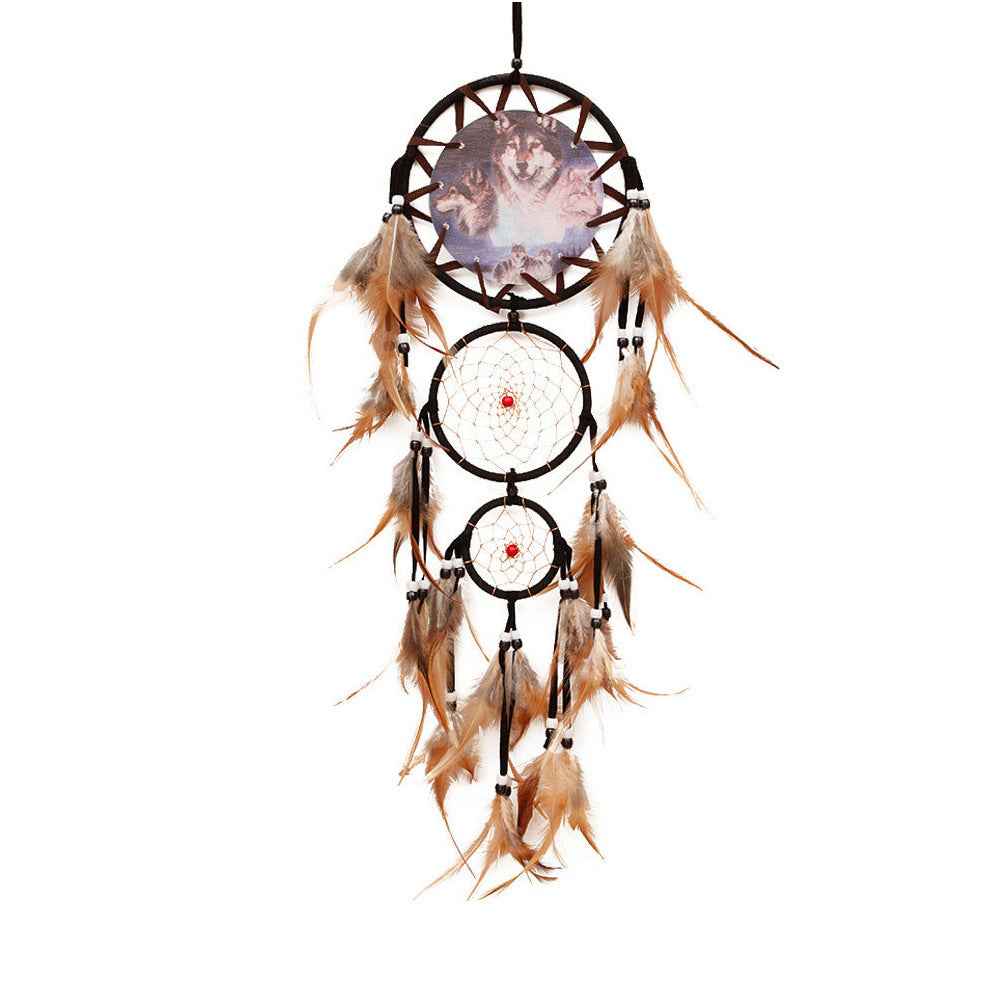 Indian Style Dream Catcher Wolf Head Oil Painting Dream Catcher Home Wall Decoration Wall Hanging Natural Feather Pendant - Pedlar's Attic