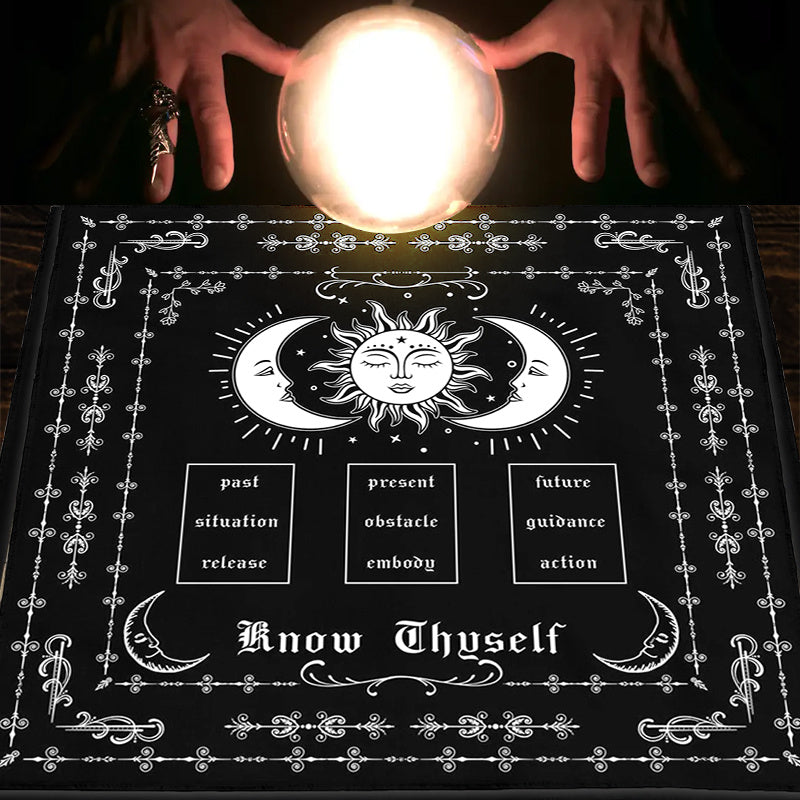 1pc Know Thyself Tarot Spread Deluxe Cloth - Vibrant Sun Moon Design, Premium Altar Cloth for Witch Home Decor, Party Favors and Supplies - Ideal for Tarot Reading, Meditation, and Spiritual Practices