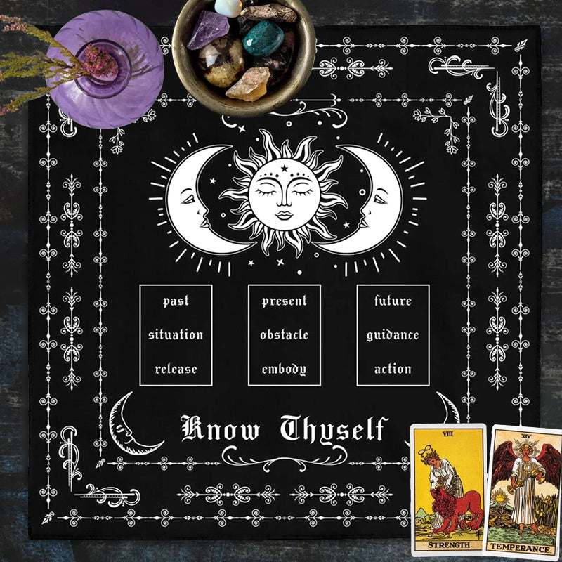 1pc Know Thyself Tarot Spread Deluxe Cloth - Vibrant Sun Moon Design, Premium Altar Cloth for Witch Home Decor, Party Favors and Supplies - Ideal for Tarot Reading, Meditation, and Spiritual Practices