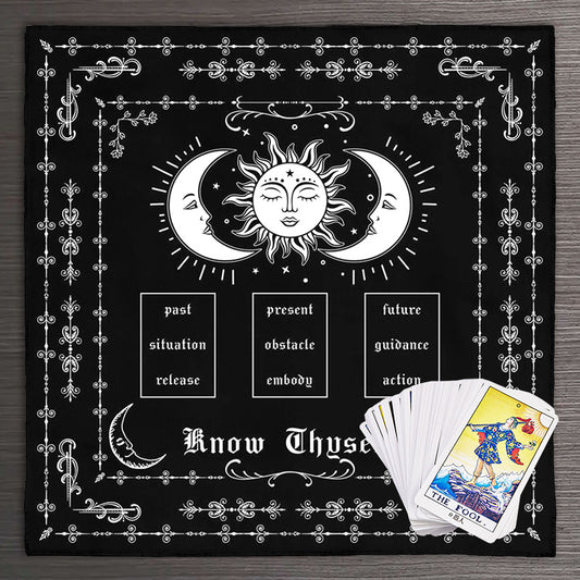1pc Know Thyself Tarot Spread Deluxe Cloth - Vibrant Sun Moon Design, Premium Altar Cloth for Witch Home Decor, Party Favors and Supplies - Ideal for Tarot Reading, Meditation, and Spiritual Practices