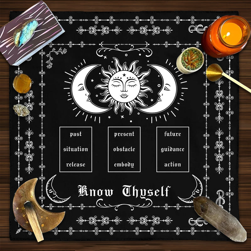 1pc Know Thyself Tarot Spread Deluxe Cloth - Vibrant Sun Moon Design, Premium Altar Cloth for Witch Home Decor, Party Favors and Supplies - Ideal for Tarot Reading, Meditation, and Spiritual Practices