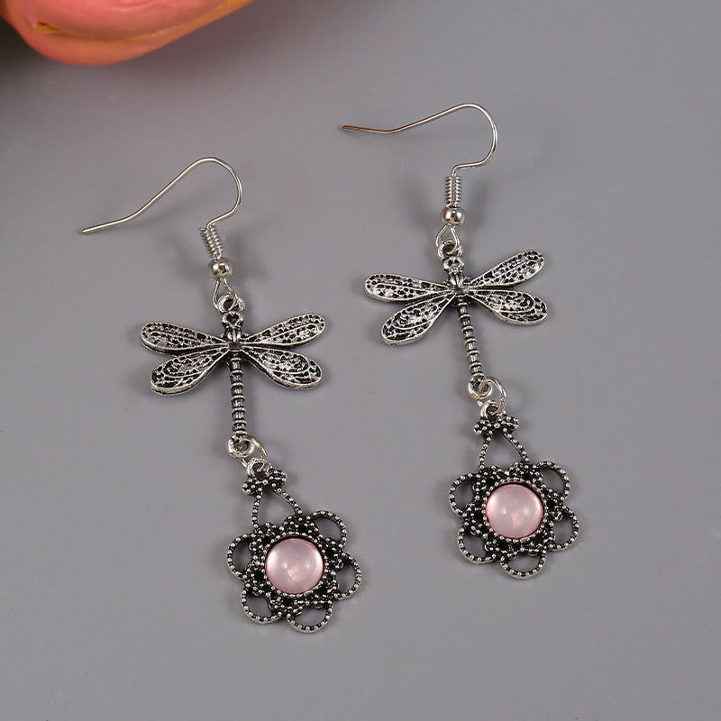 Boho Silvery Dragonfly Filigree Earrings with Pink Moonstone Drop Dangle Earrings Jewelry Gift for Women