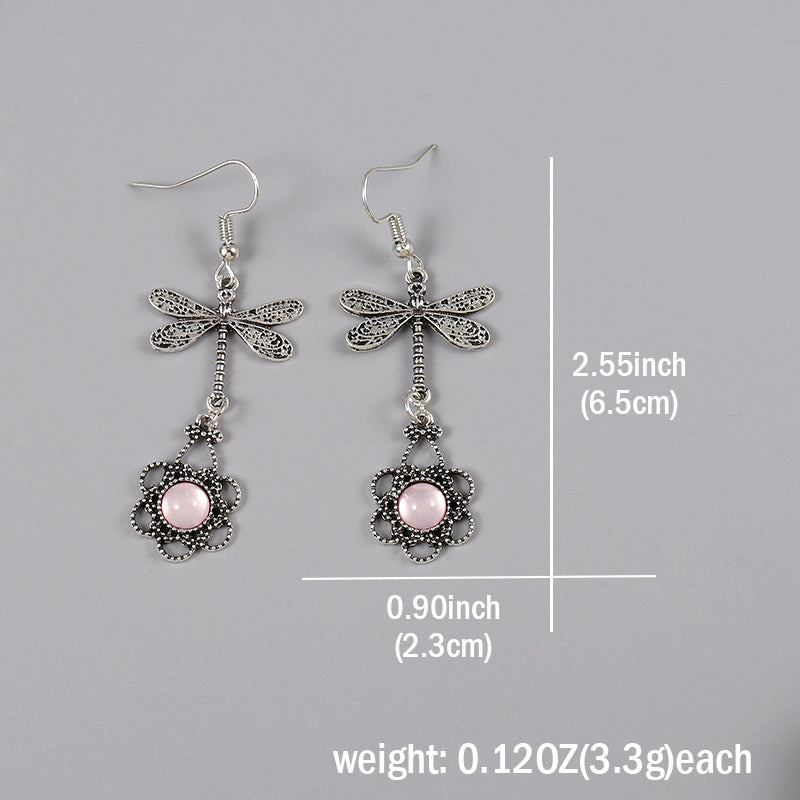 Boho Silvery Dragonfly Filigree Earrings with Pink Moonstone Drop Dangle Earrings Jewelry Gift for Women
