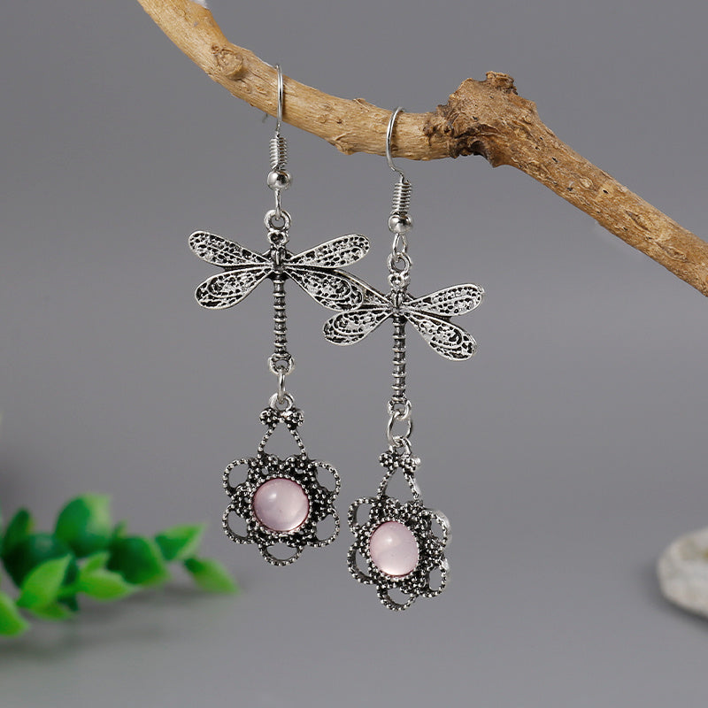 Boho Silvery Dragonfly Filigree Earrings with Pink Moonstone Drop Dangle Earrings Jewelry Gift for Women