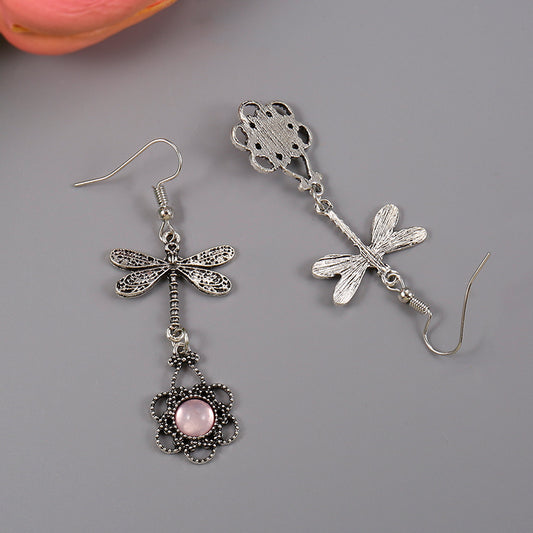 Boho Silvery Dragonfly Filigree Earrings with Pink Moonstone Drop Dangle Earrings Jewelry Gift for Women