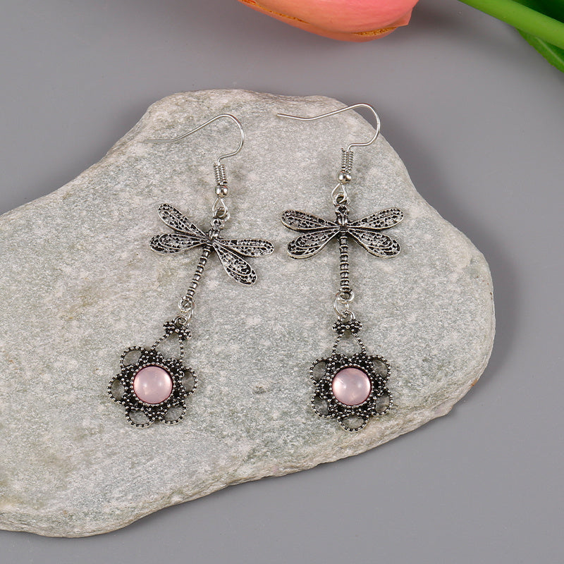 Boho Silvery Dragonfly Filigree Earrings with Pink Moonstone Drop Dangle Earrings Jewelry Gift for Women
