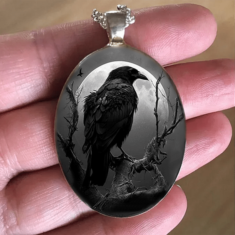 1pc Men's Punk Animal Black Crow Round Pendant Necklace, Gothic Animal Jewelry Accessories, Party Anniversary Commemorative Gift